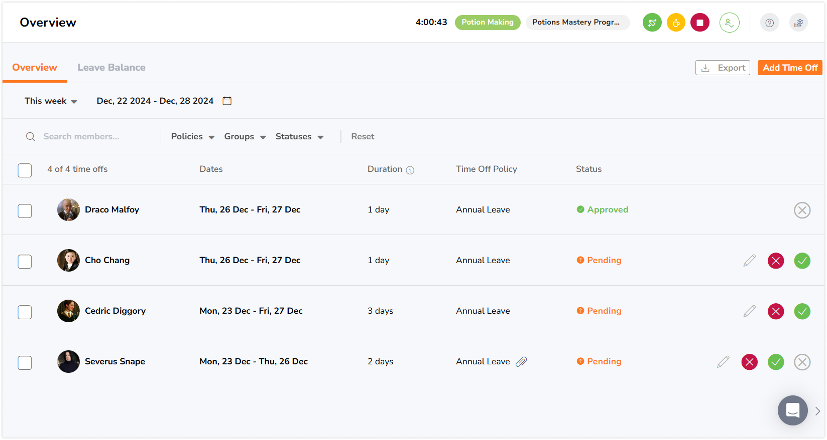 Requested time off shown in the overview page