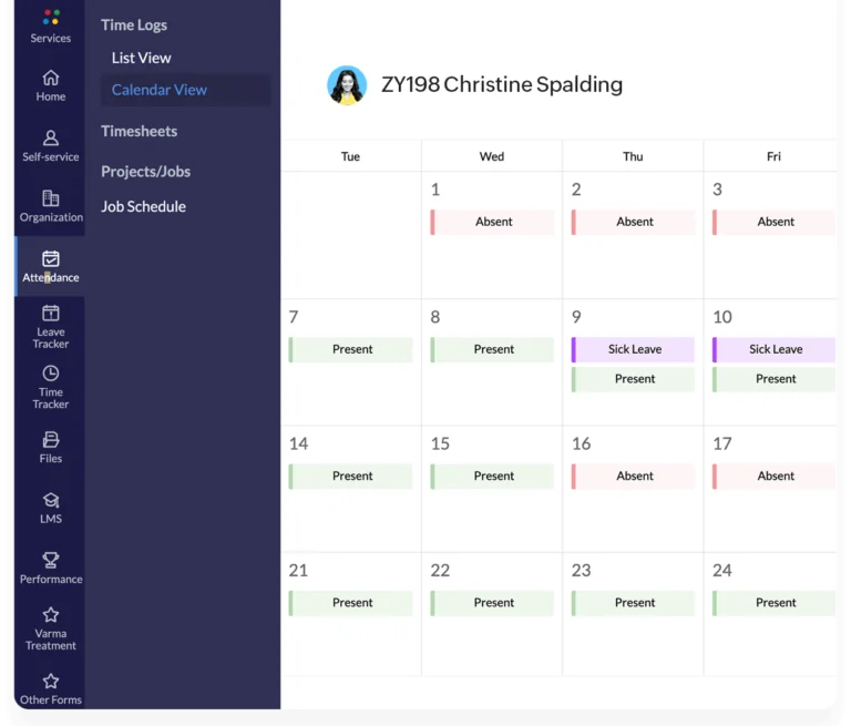 Zoho dashboard showing attendance schedule for an employee