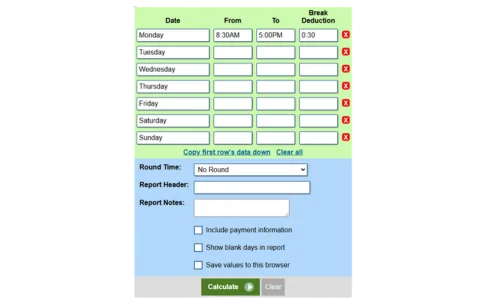 screenshot of Calculator.net Time Card Calculator