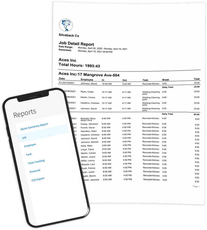The ClockShark report dashboard is shown on a mobile phone and a printed report generated by the app is shown on paper.