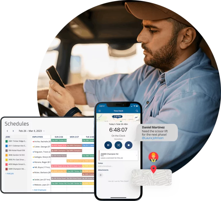 The ClockShark Job Management Dashboard and mobile app appears overlaid on top of an image of a bearded male worker wearing a brown baseball cap and light blue long-sleeved button-down shirt.