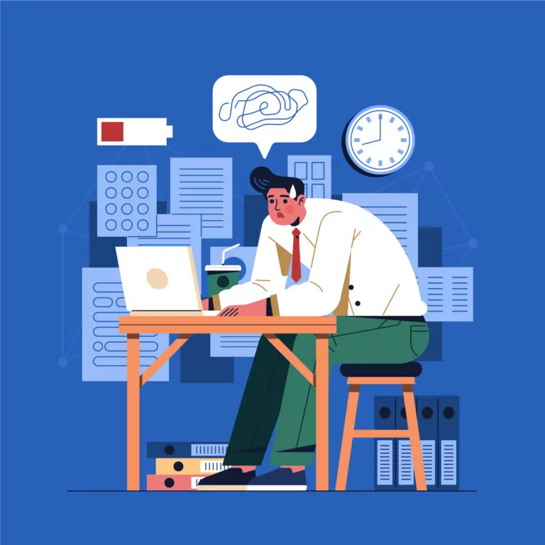 Vector illustration of a tired and frustrated worker sitting on a messy desk with a blue background by pikisuperstar on Freepik