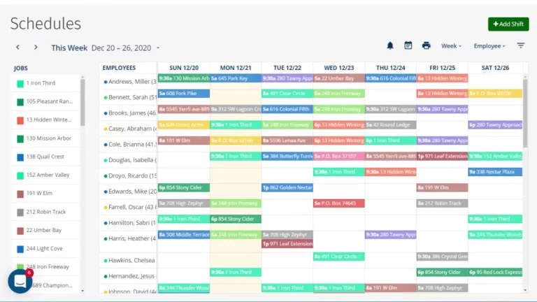 ClockShark Scheduling Dashboard showing employee names, schedules, and job details.