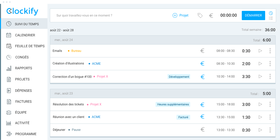 Suivi du temps clockify