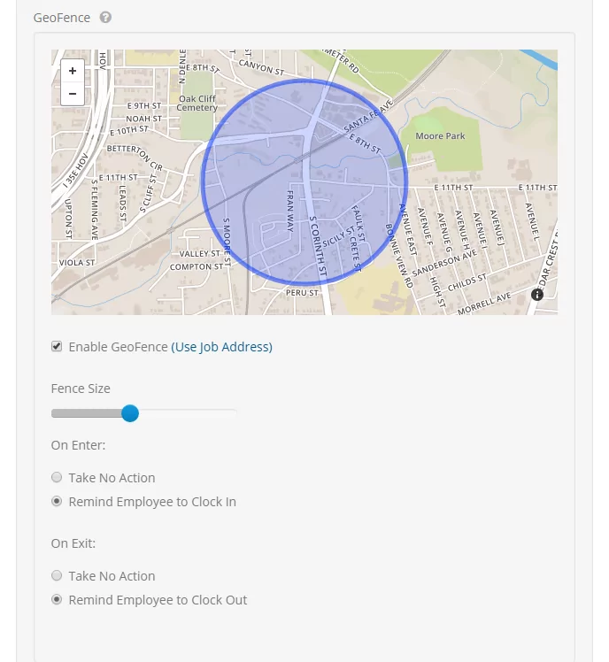 ClockShark Geofencing feature showing the perimeter of a geofenced area and its details.