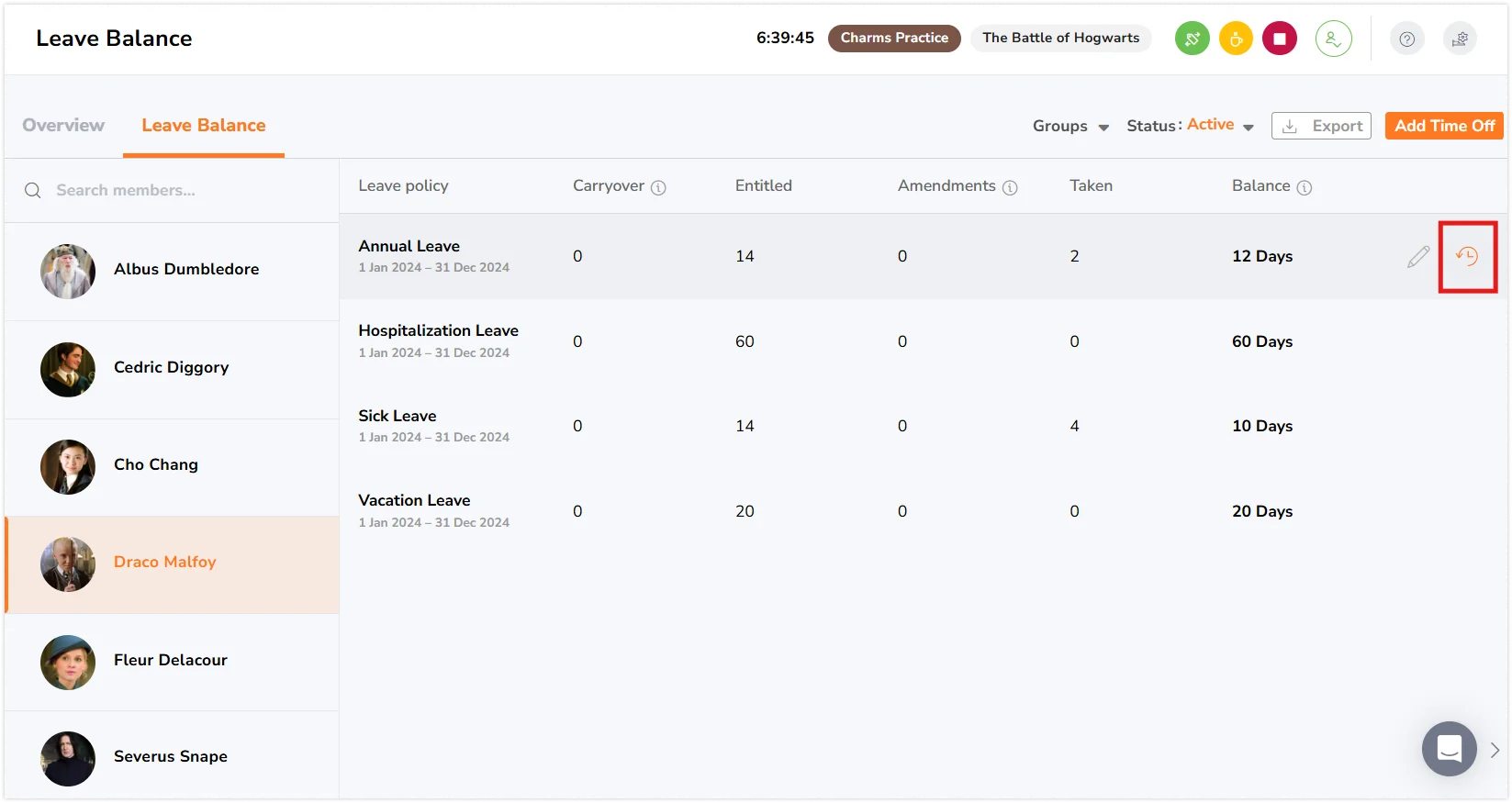 History log button on time off leave balance