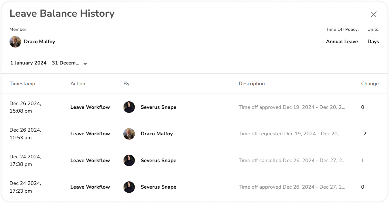 Time off history under leave balance