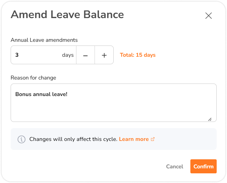 Pop-up window to change leave balance