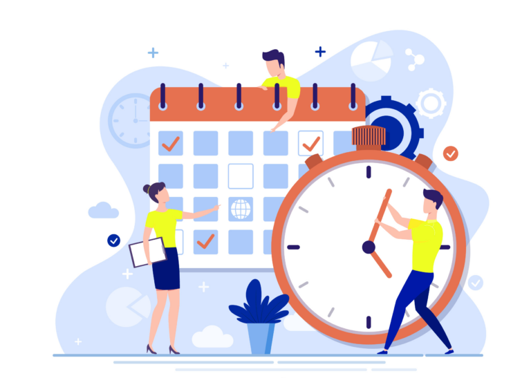Calendar and clock with people illustration