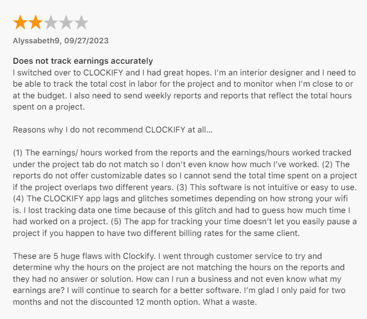 Screenshot of a user's negative review about the Clockify Mobile App on the App Store