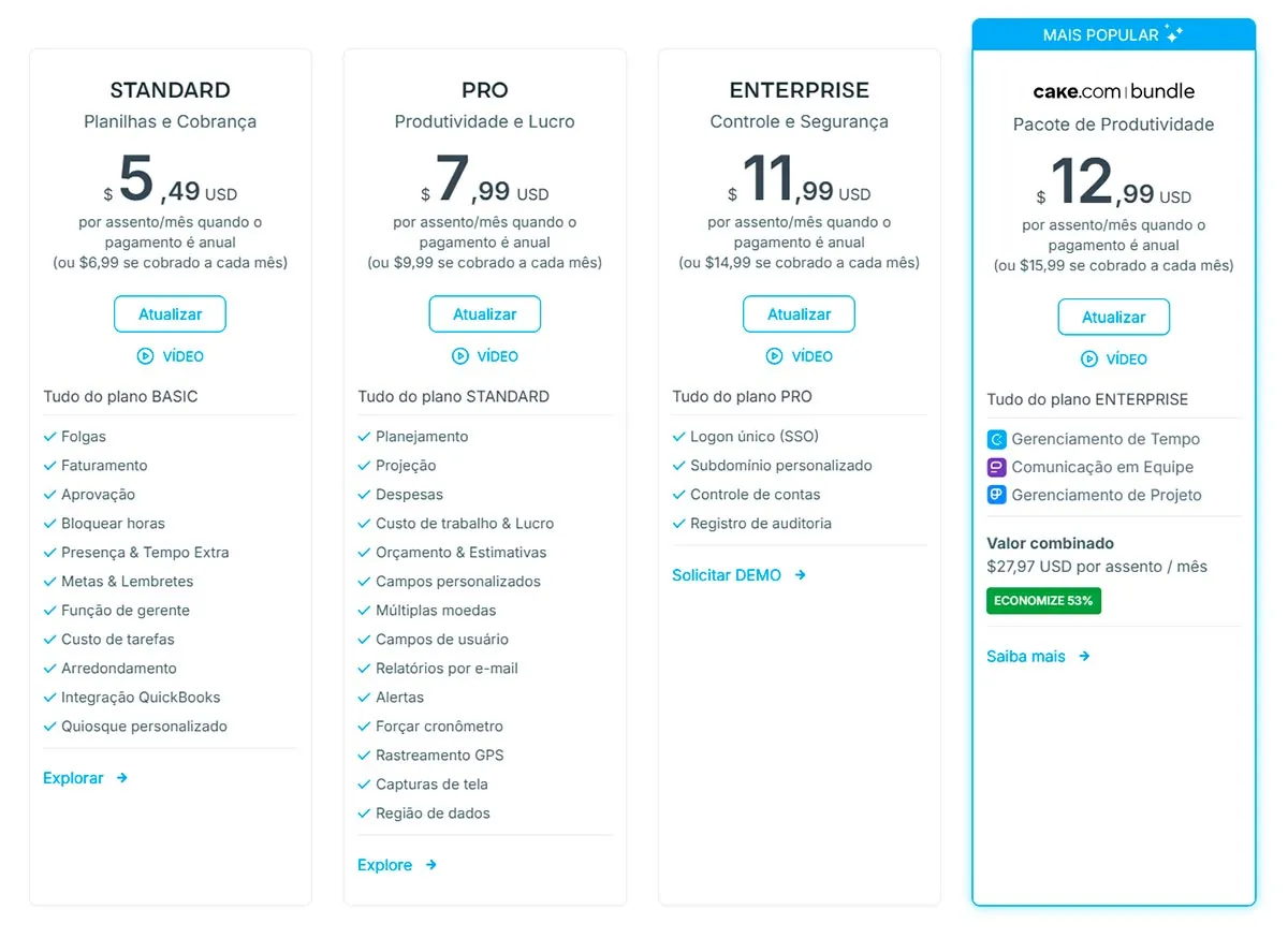 Uma tabela exibindo as opções de preços do Clockify.