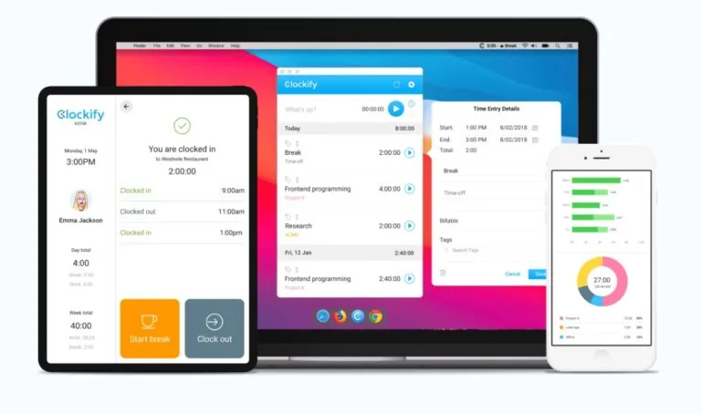The Clockify app on mobile, tablet, and laptop, displaying different features.