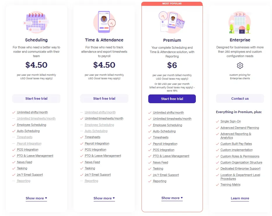 An overview of the Deputy pricing plans with a list of included features.