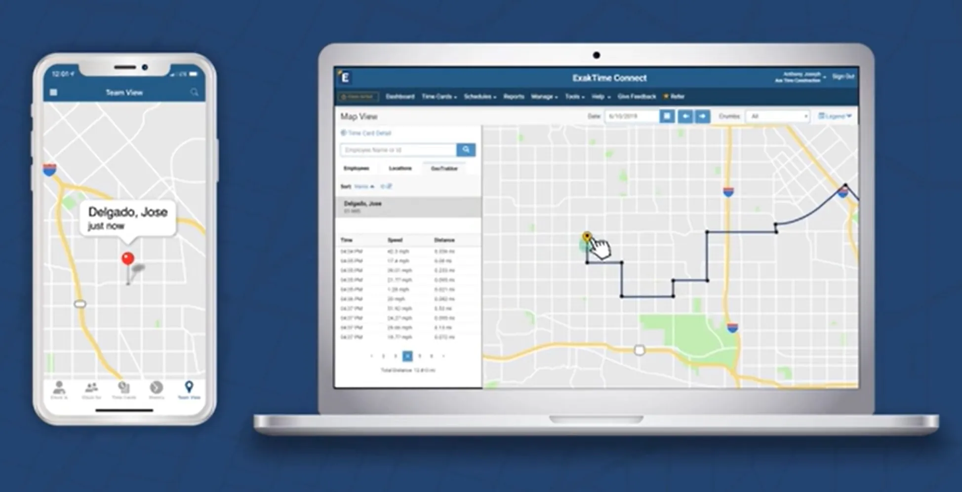 The ExakTime GPS tracking feature on phone and laptop.