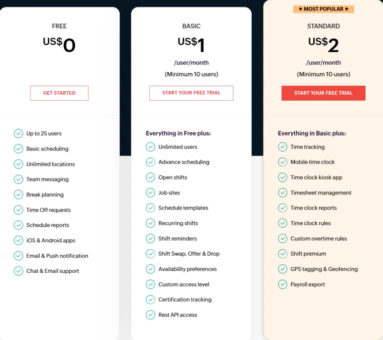 view of Zoho Shifts pricing tiers