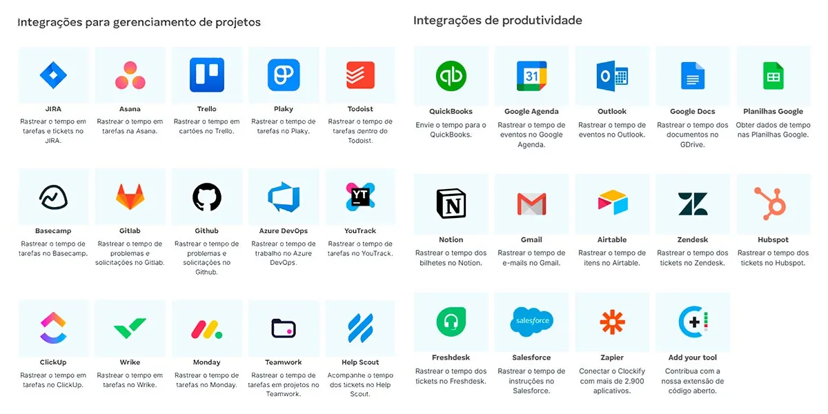 Exibição das integrações do Clockify