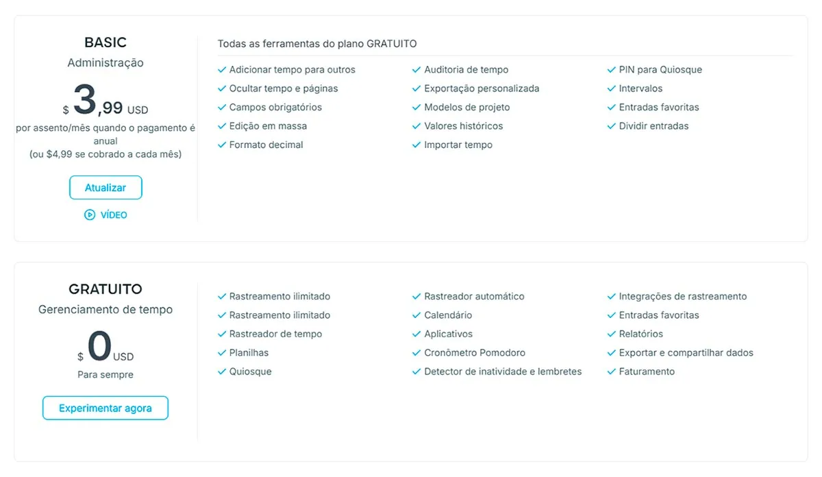 Planos Grátis e Basic do Clockify, com a lista dos recursos inclusos em cada.