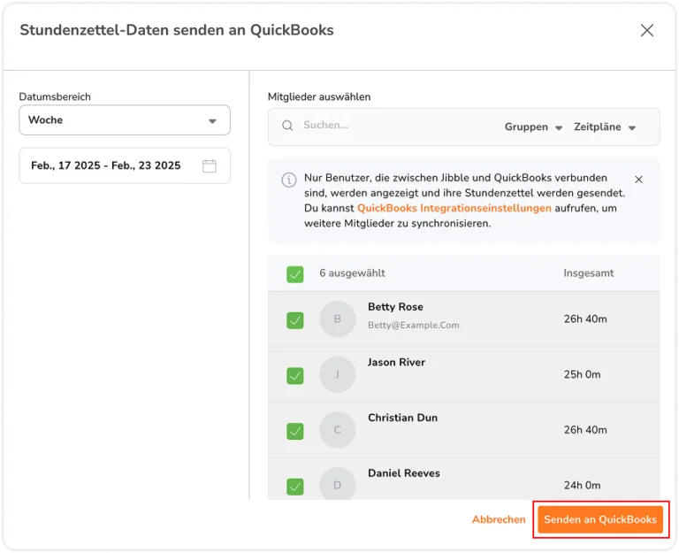 Sending timesheets to Quickbooks