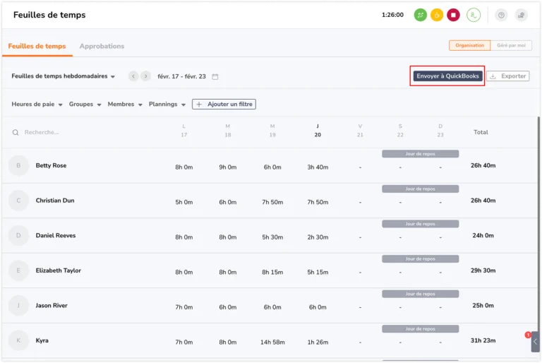 Sending timesheets to Quickbooks