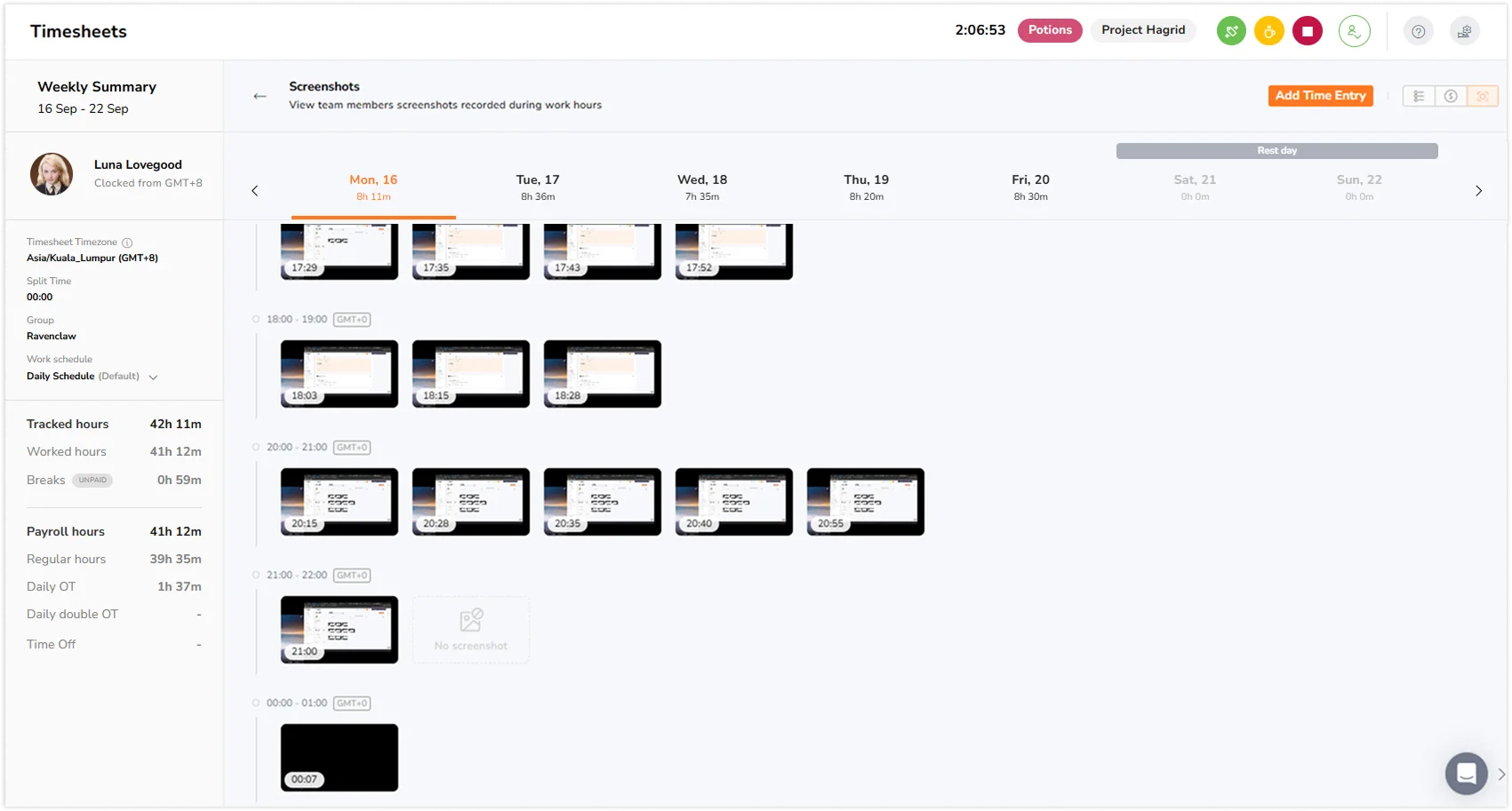 viewing screenshots captured under timesheets