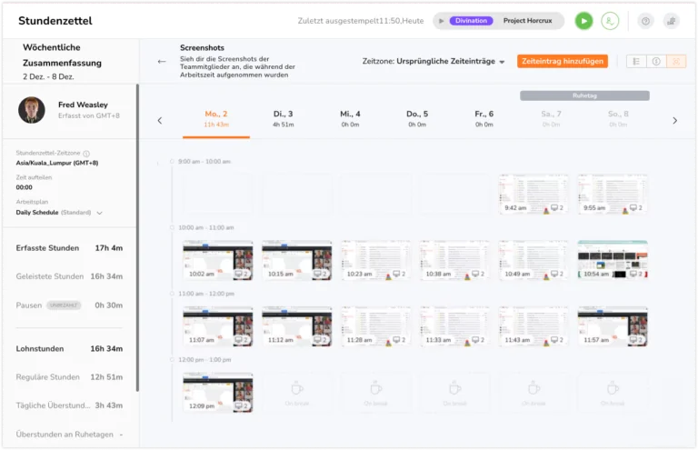 Screenshot view on timesheets