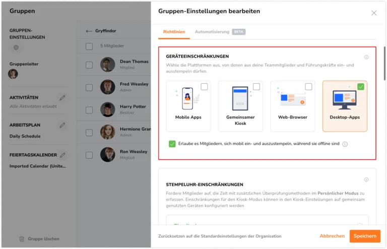 Group level device restriction settings