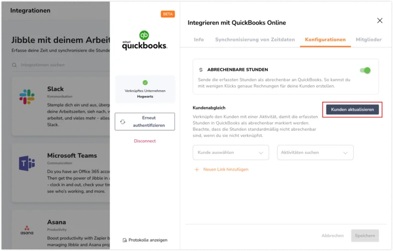 Sending billable hours via Quickbooks integration 