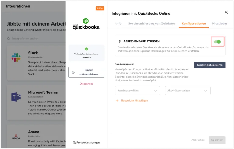 Sending billable hours via Quickbooks integration 