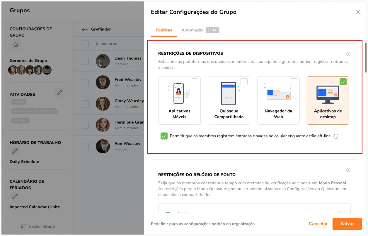 Group setting gear icon device restriction