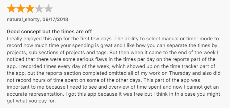 Screenshot of a negative review of Clockify from the App Store