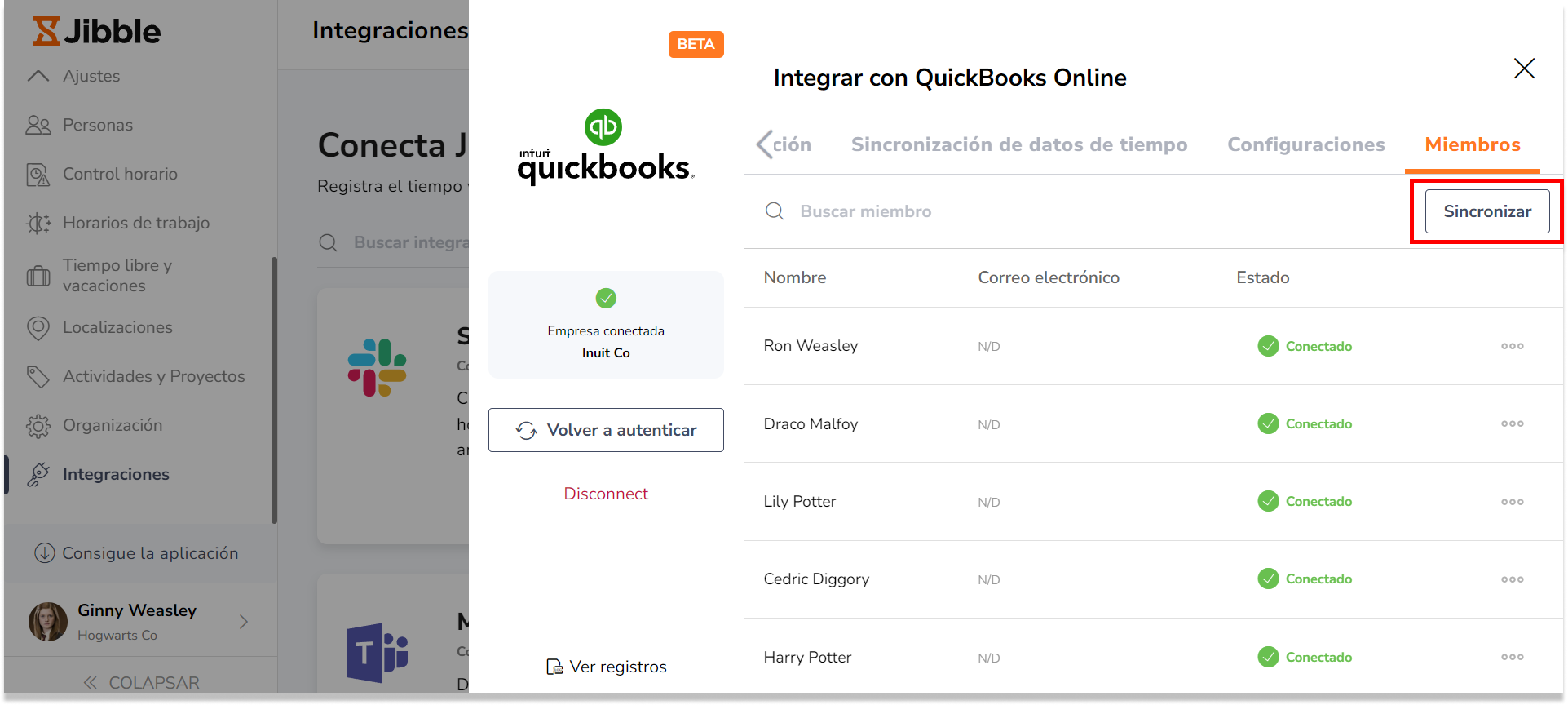 Haz clic en Ejecutar una sincronización para comprobar si tienes nuevos miembros en QuickBooks Online que no coincidan con nombres completos o direcciones de correo electrónico en Jibble.