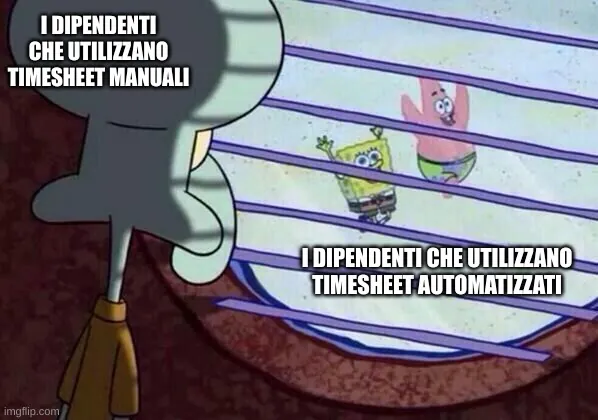 Meme di Squiddy che da una finestra guarda Spongebob e Patrick che corrono.