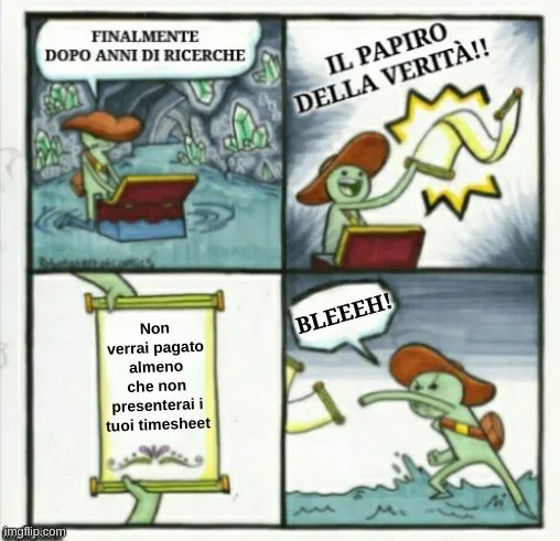 Un meme di un cartone animato che controlla il papiro della verità.