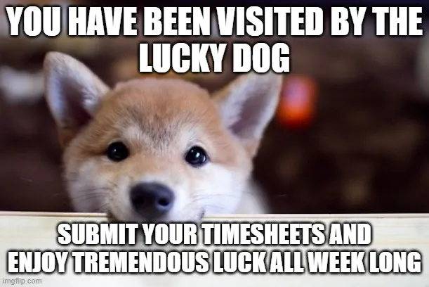 "You have been visited by the lucky dog. Submit your timesheets now and enjoy tremendous luck all week long."