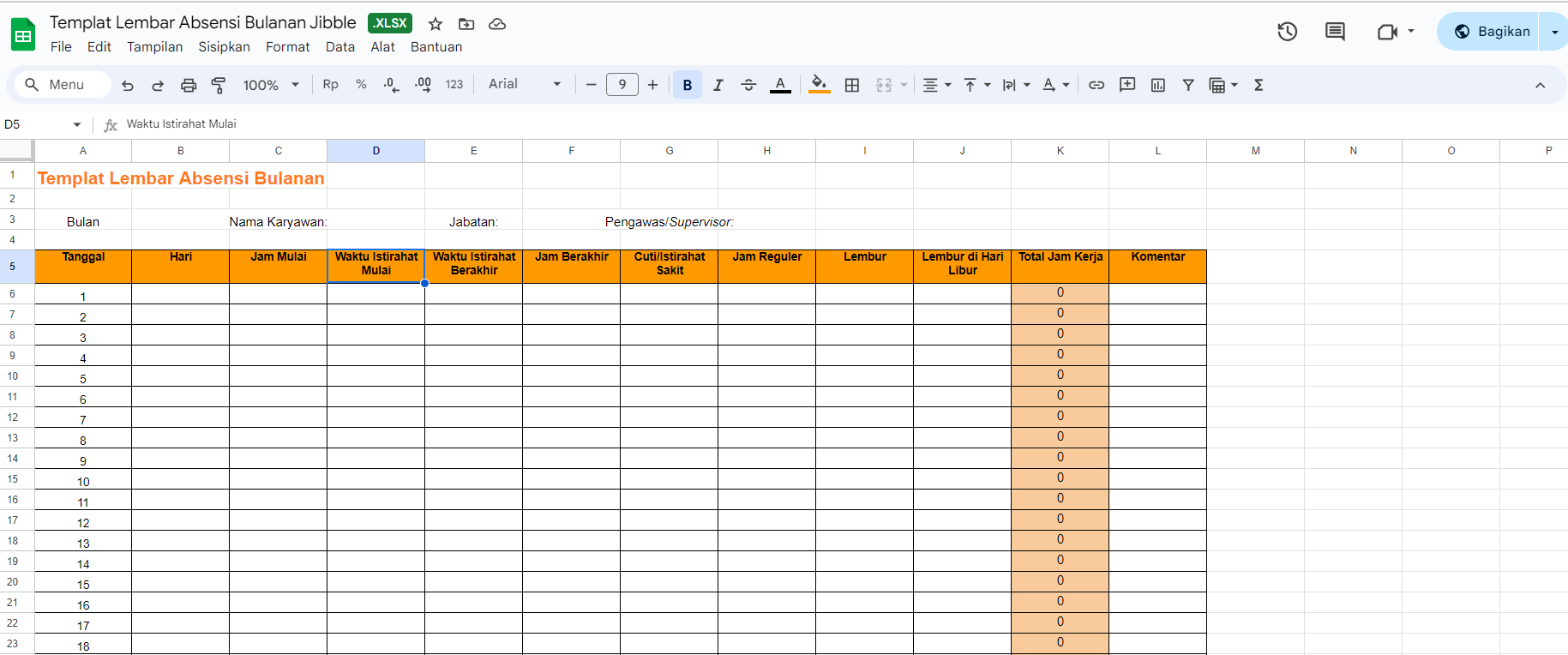 kalkulator jam kerja dalam format absensi excel