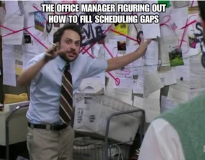 conspiracy theory meme: guy trying to figure out team schedules on a messy board.