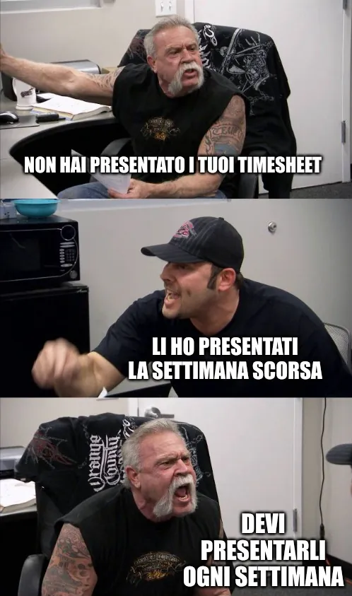 Meme sui timesheet di American chopper.