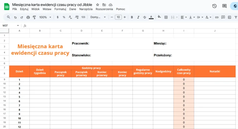 Darmowy szablon karty miesięcznej ewidencji czasu pracy od Jibble.