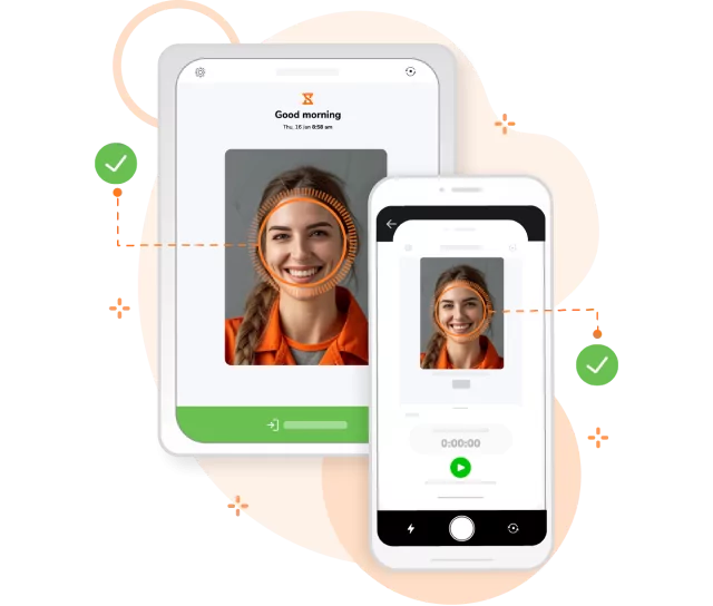 Facial recognition clocks ins om mobile and the Jibble attendance kiosk