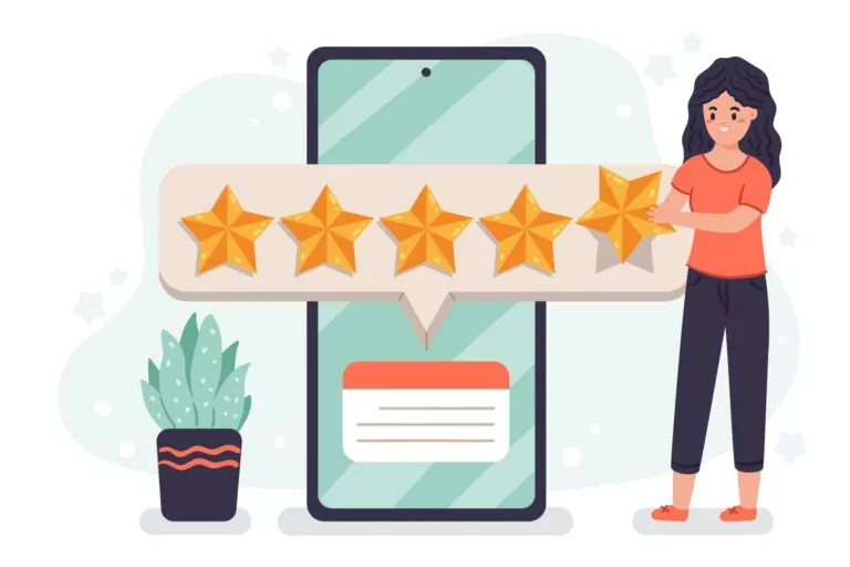 Graphic of a woman giving a high rating using five stars. Image by Freepik