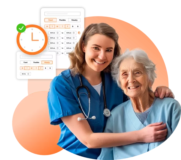 A nurse and an elderly patient smiling.