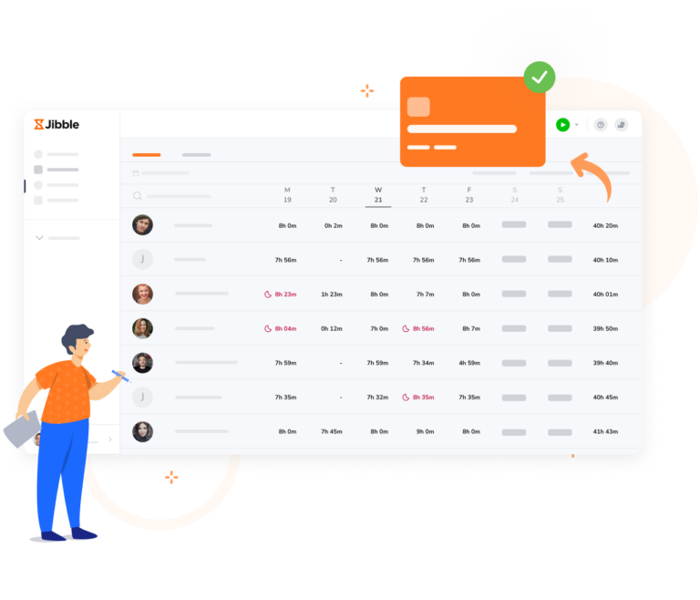 Uma visão geral das planilhas de horas do Jibble exibindo as horas dos funcionários remotos em tempo real.