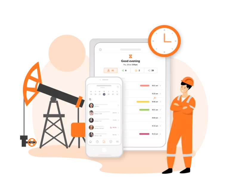 An oil rig worker tracking attendance from a mobile device.