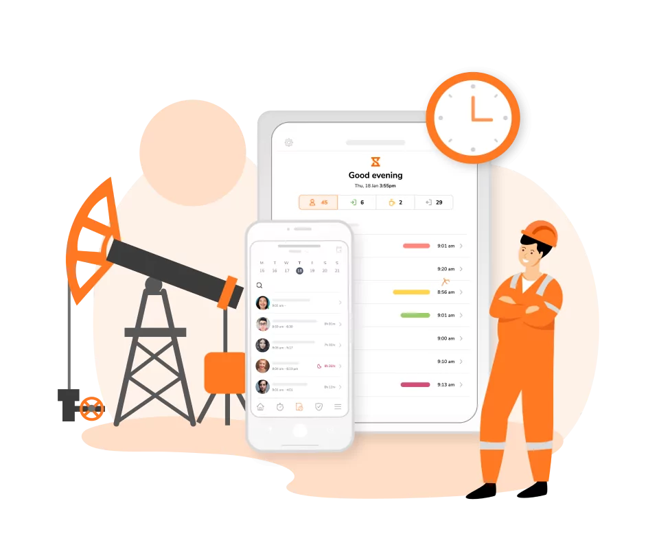 An oil rig worker tracking attendance from a mobile device.