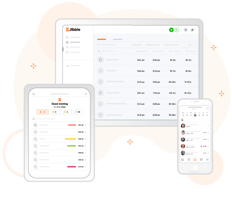 The Jibble work from home tracker show in various devices.