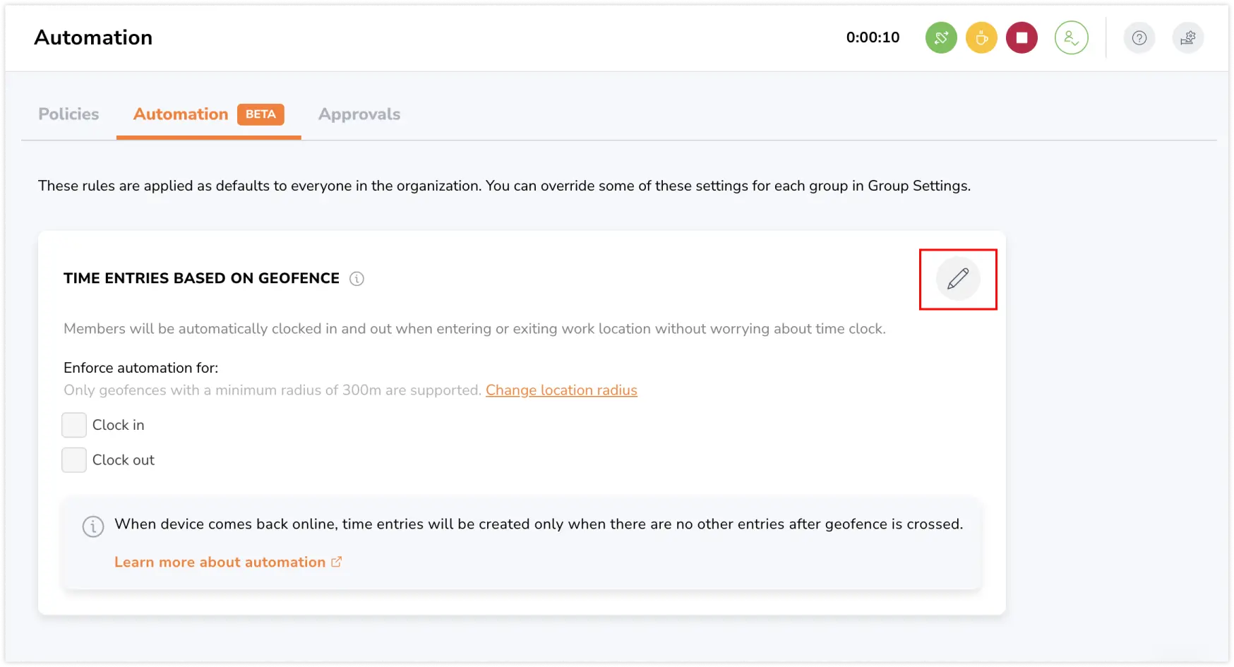 Configuring settings for geofence automation