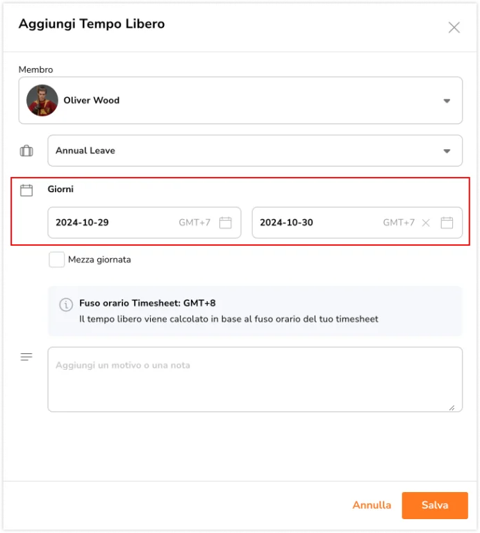 Choosing dates for adding time off