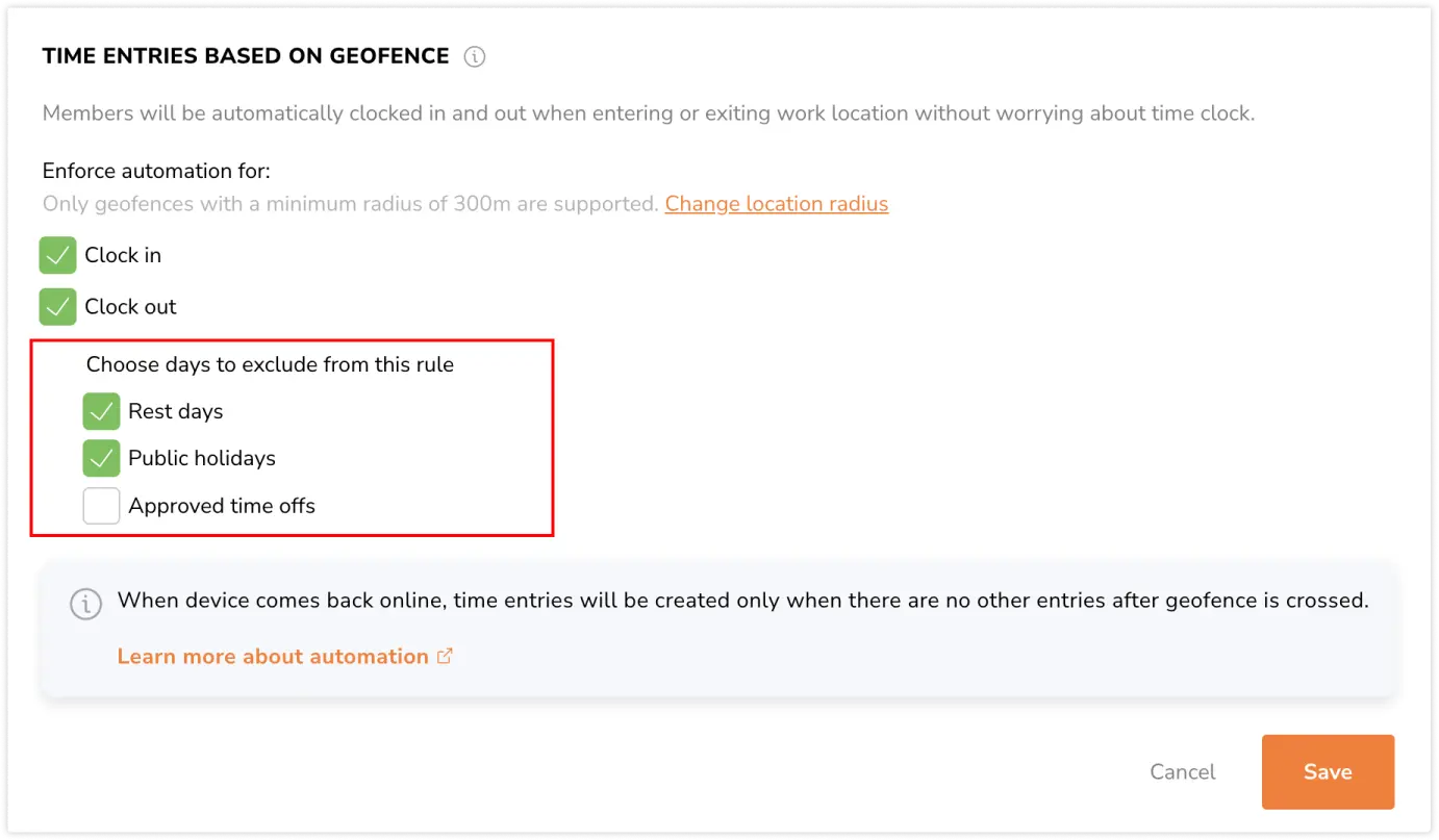 Selecting days to exclude for geofence automation