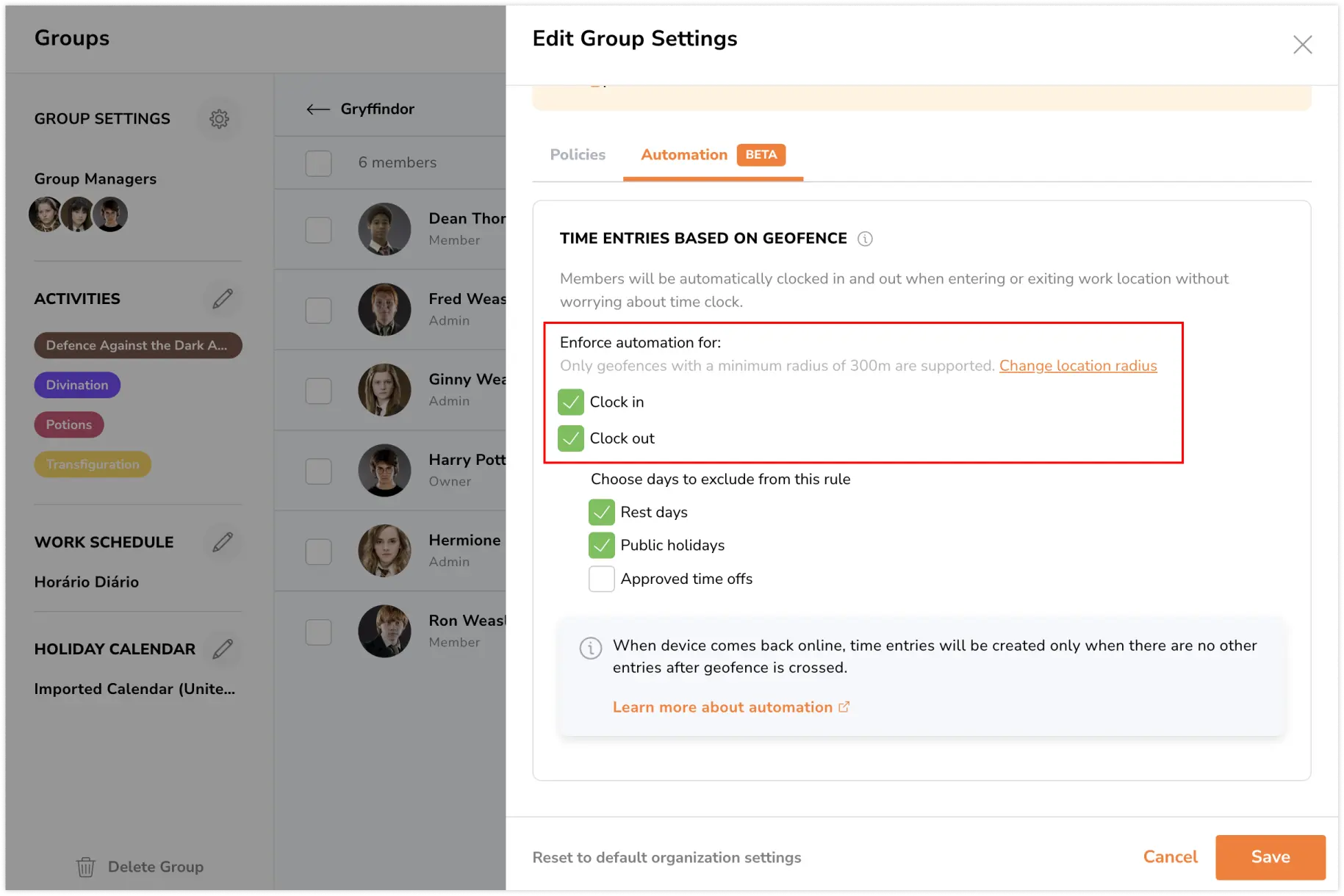 Selecting entry types for automation under group settings