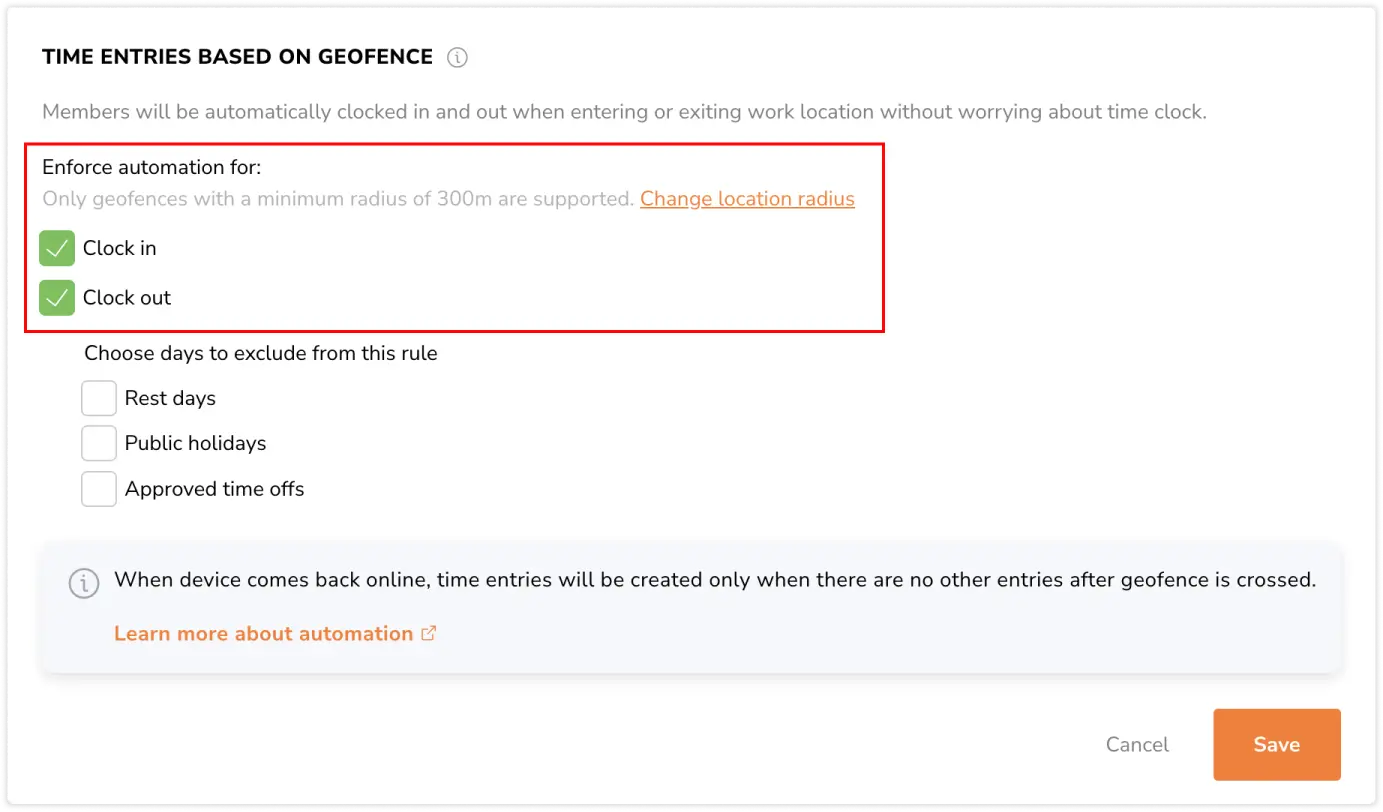 Selecting entry types for geofence automation